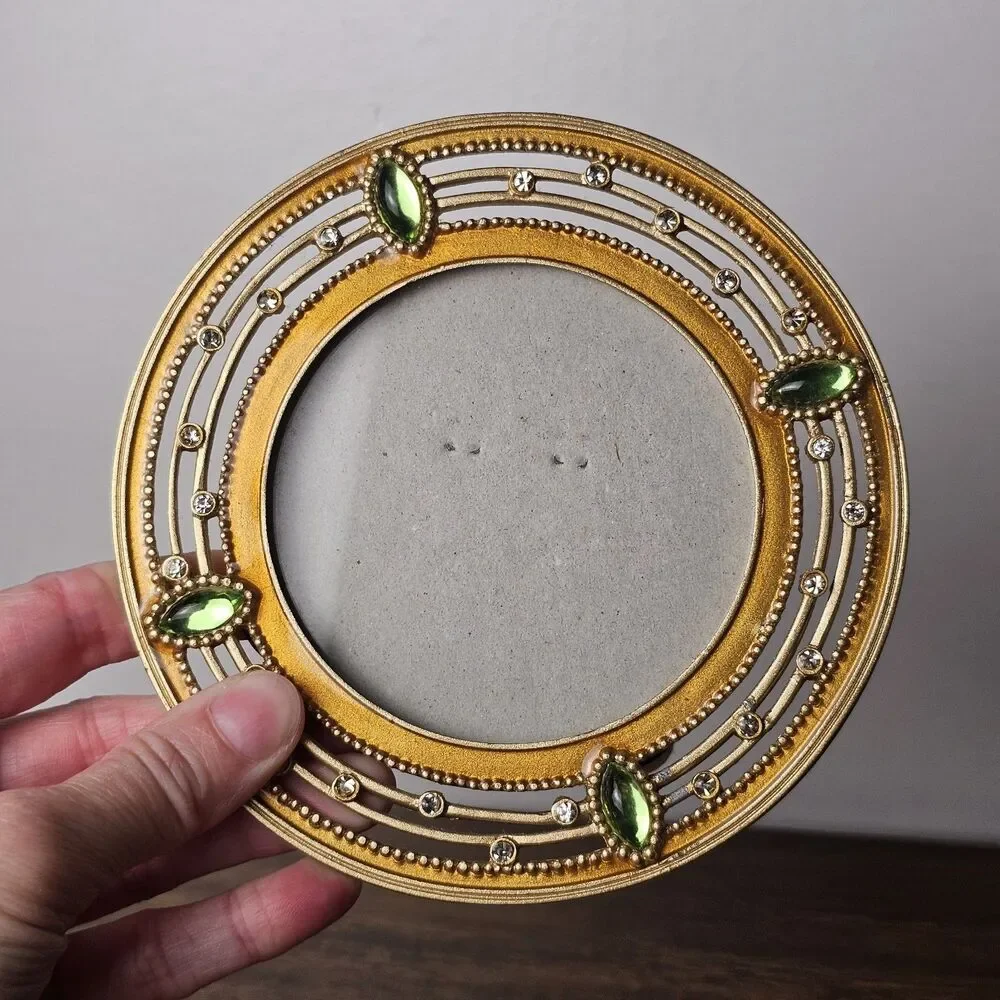 Vintage Ashleigh Manor Round Gold Tone Enamel & Rhinestone Picture Frame
